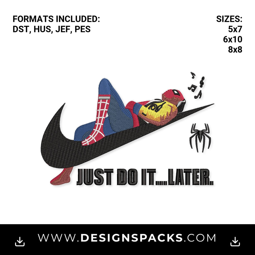 Spiderman Just Do It Later Swoosh Embroidery Design - Instant digital download pattern at Designspacks.com