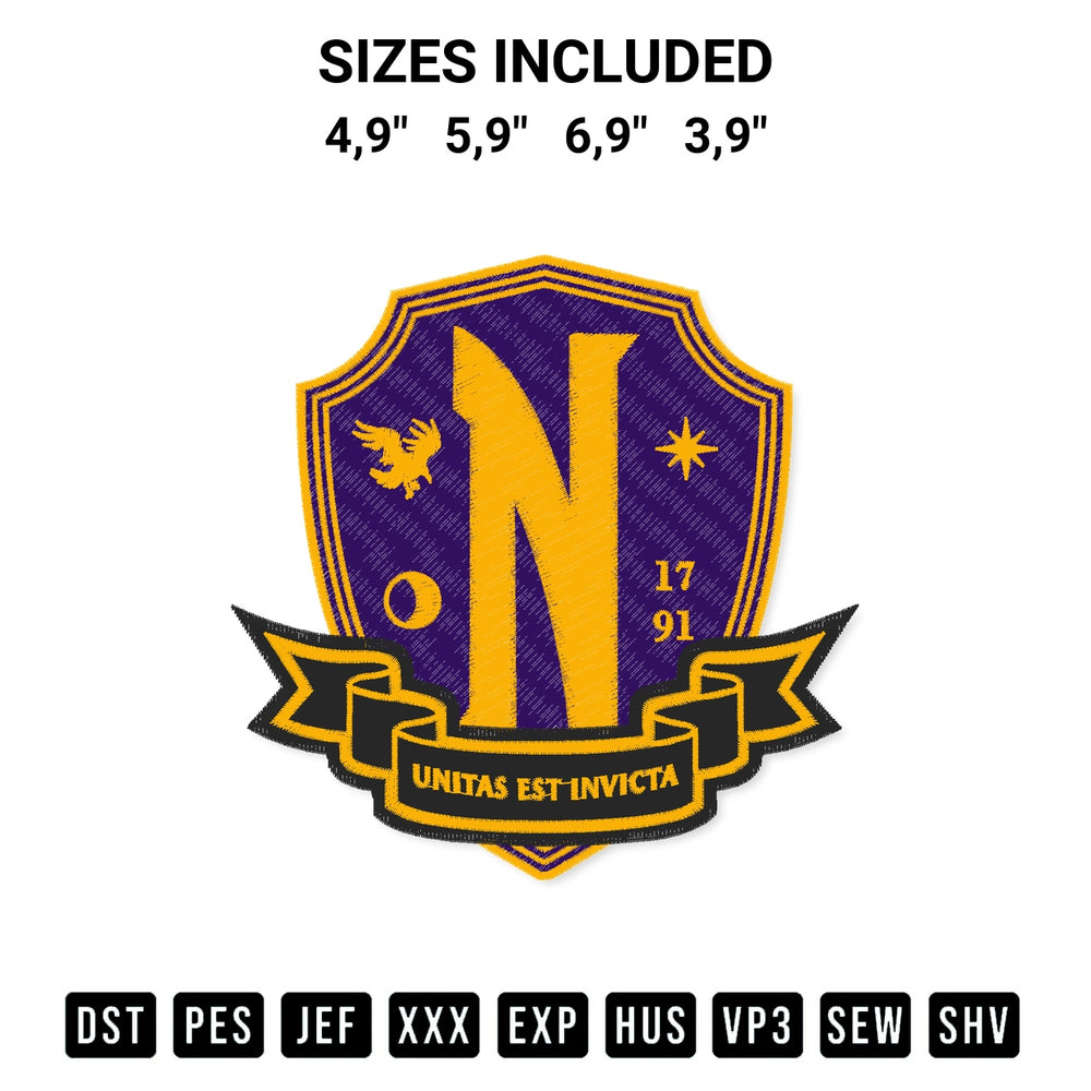 Get the Nevermore Academy Logo Embroidery Design embroidery design for your custom crafts! Premium digitized files available for instant download at Designspacks.com. Available sizes: 4,9", 5,9", 6,9", 3,9".
