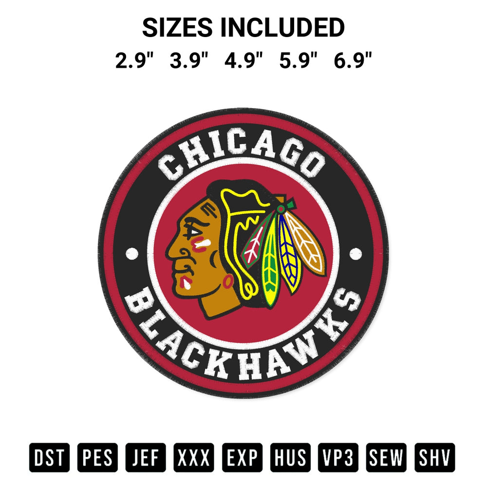 Transform your fabrics with the Chicago Blackhawks Circle Logo Embroidery Design embroidery design. Instant access to premium digitized patterns at Designspacks.com. Available sizes: 2.9", 3.9", 4.9", 5.9", 6.9".