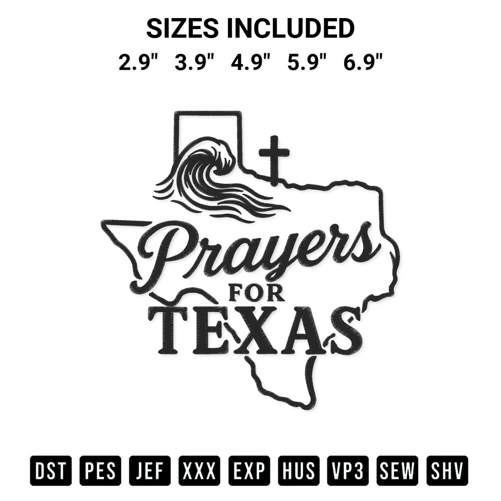 Download the Prayers For Texas Embroidery Design machine embroidery design exclusively at Designspacks.com. Premium digitized pattern for apparel and DIY crafts. Available sizes: 2.9", 3.9", 4.9", 5.9", 6.9".