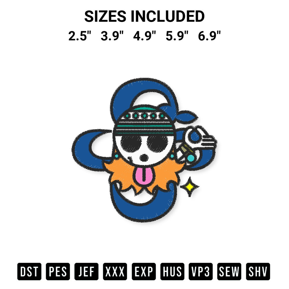 Transform your fabrics with the Nami Luffy Jolly Roger Embroidery Design embroidery design. Instant access to premium digitized patterns at Designspacks.com. Available sizes: 2.5", 3.9", 4.9", 5.9", 6.9".