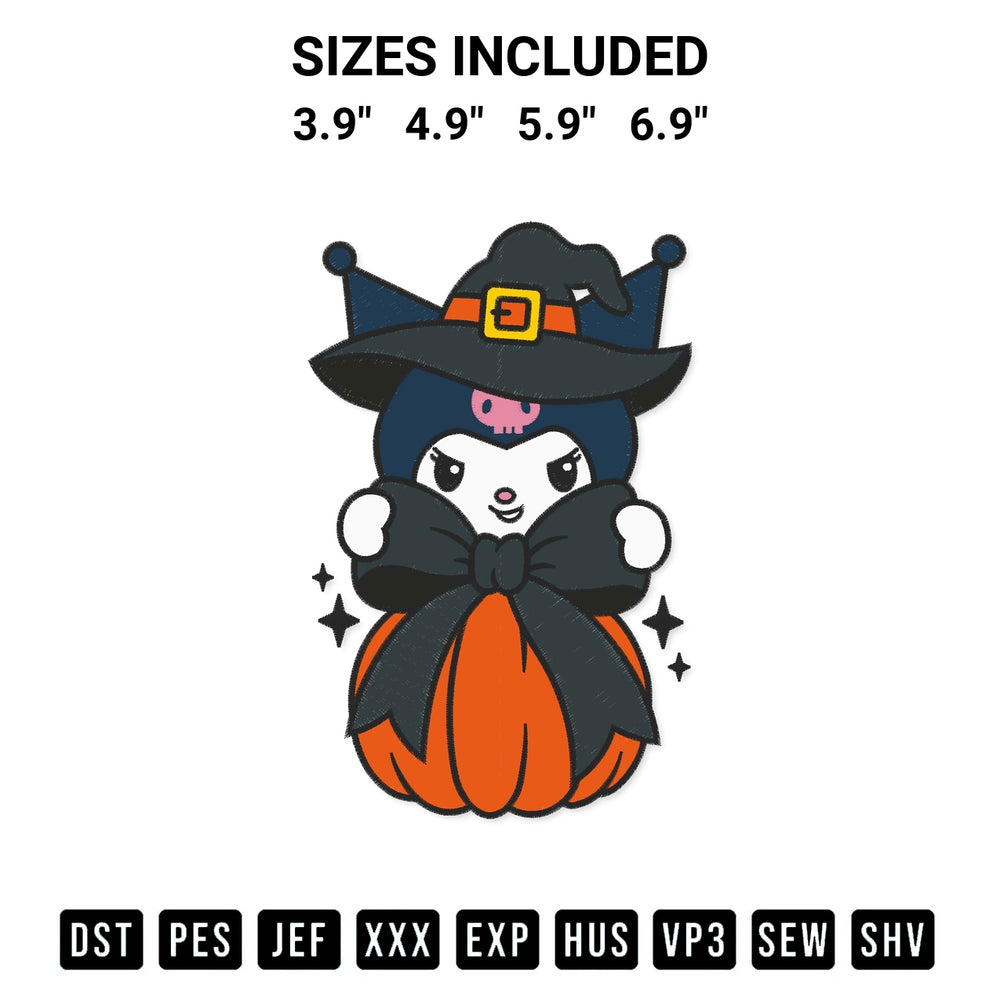 Shop the Kuromi Witch Coquette Pumpkin Embroidery Design machine embroidery pattern at Designspacks.com. Beautifully digitized for flawless stitching on any fabric. Available sizes: 3.9", 4.9", 5.9", 6.9".