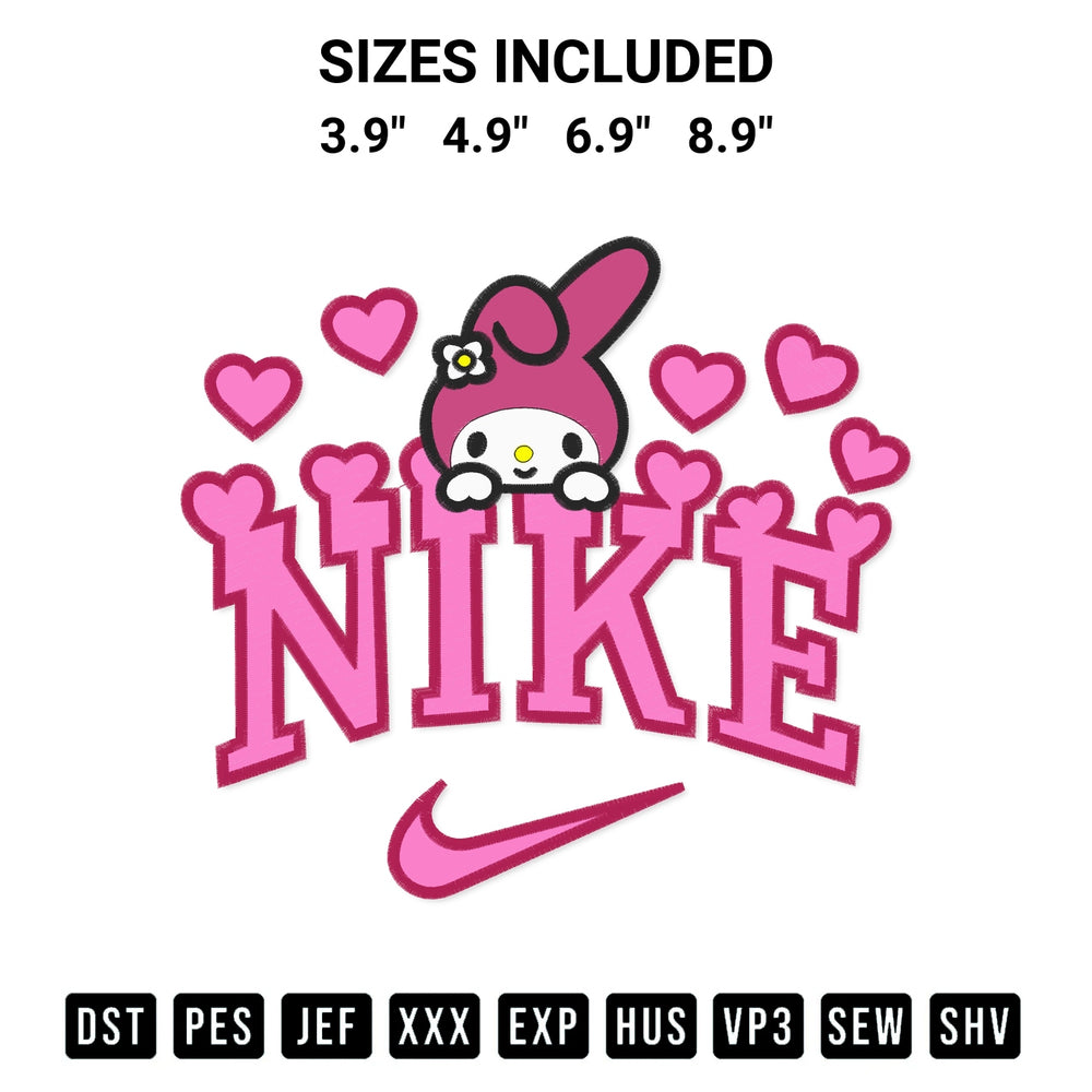 Add a unique touch to your apparel with the Nike My Melody Hearts Embroidery Design embroidery file. Premium instant download available now on Designspacks.com. Available sizes: 3.9", 4.9", 6.9", 8.9".