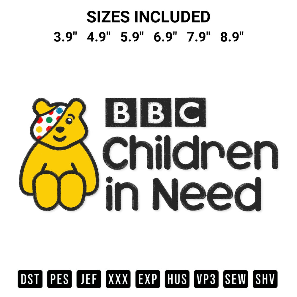 Shop the Bbc Children In Need Embroidery Design machine embroidery pattern at Designspacks.com. Beautifully digitized for flawless stitching on any fabric. Available sizes: 3.9", 4.9", 5.9", 6.9", 7.9", 8.9".