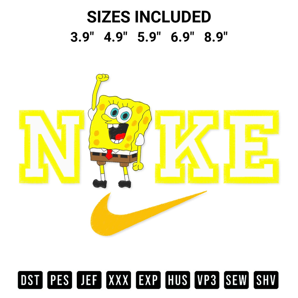 Add a unique touch to your apparel with the Spongebob Nike Embroidery Design embroidery file. Premium instant download available now on Designspacks.com. Available sizes: 3.9", 4.9", 5.9", 6.9", 8.9".