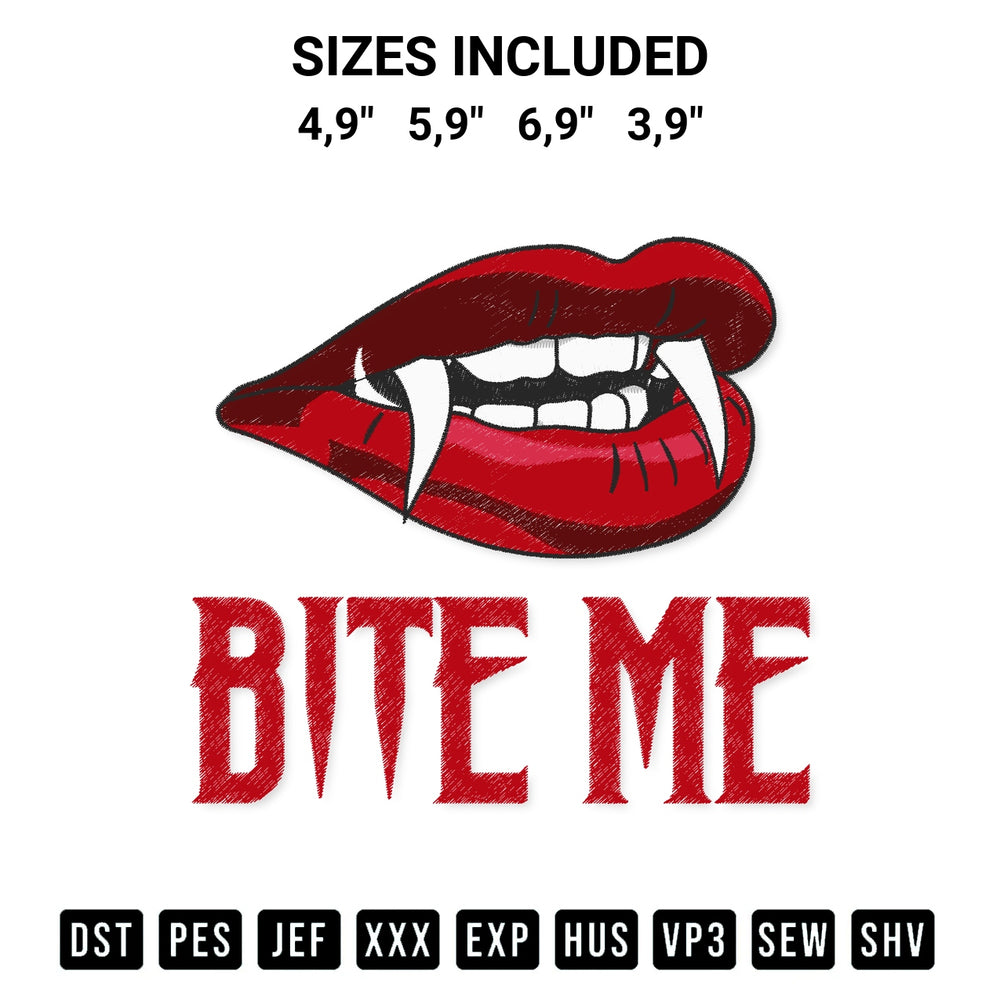 Elevate your next project with our Bite Me Vampire Lips Biting Halloween Vampire Halloween Logo Embroidery Design embroidery file. Shop high-quality digital patterns instantly at Designspacks.com. Available sizes: 4,9", 5,9", 6,9", 3,9".