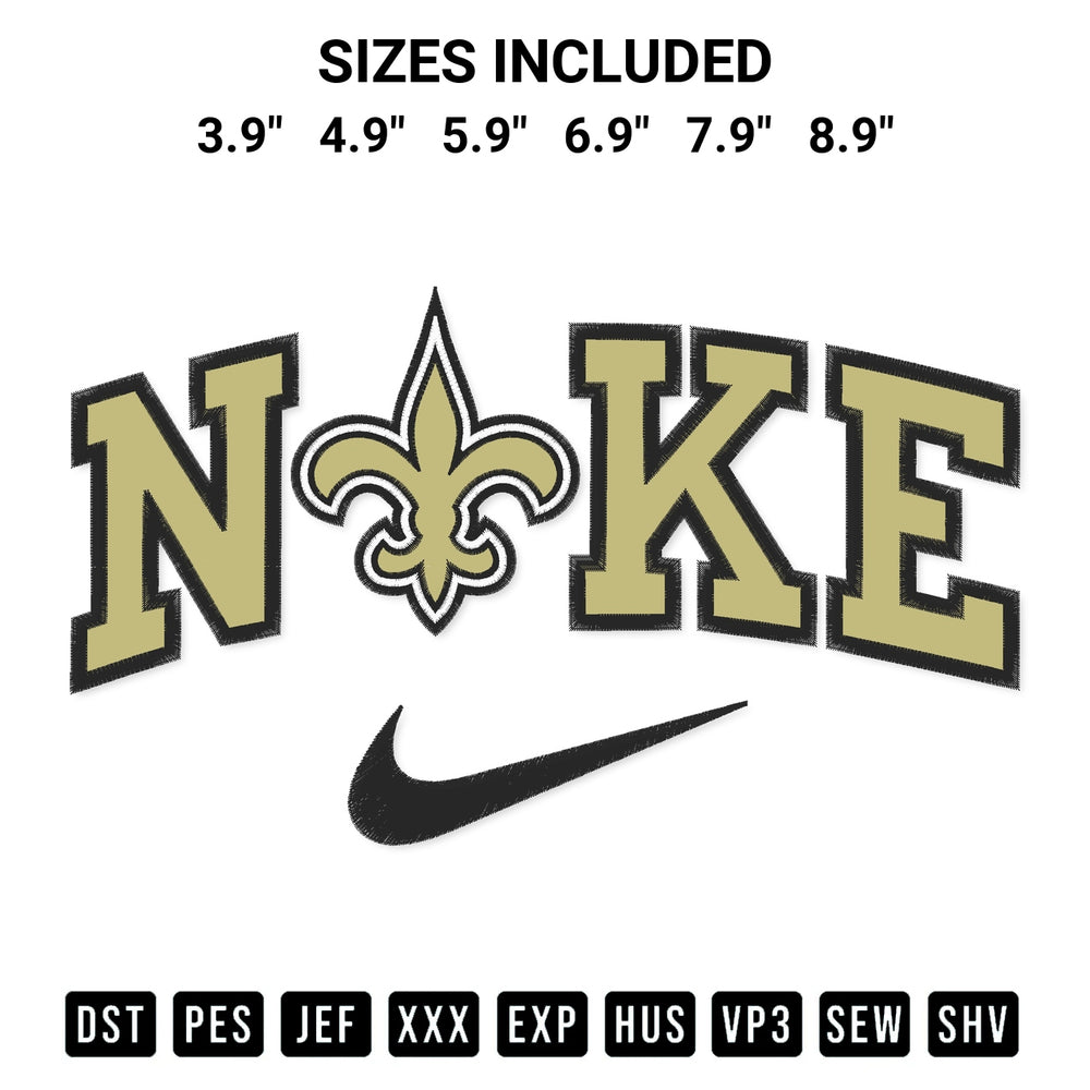 Stitch like a pro with the New Orleans Saints X Nike Embroidery Design embroidery pattern from Designspacks.com. High-quality digital machine embroidery file. Available sizes: 3.9", 4.9", 5.9", 6.9", 7.9", 8.9".