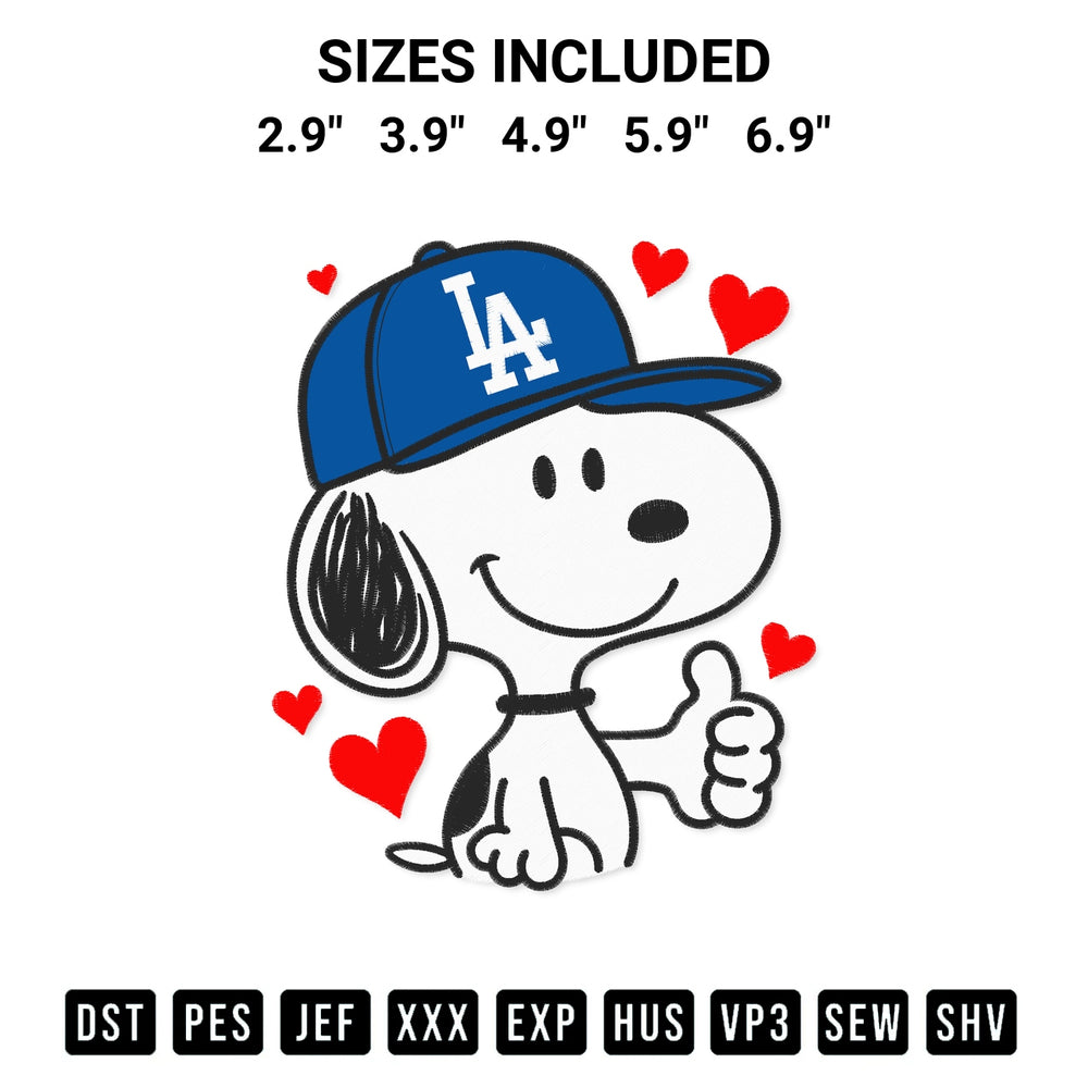 Download the Snoopy Los Angeles Dodgers Baseball Embroidery Design machine embroidery design exclusively at Designspacks.com. Premium digitized pattern for apparel and DIY crafts. Available sizes: 2.9", 3.9", 4.9", 5.9", 6.9".