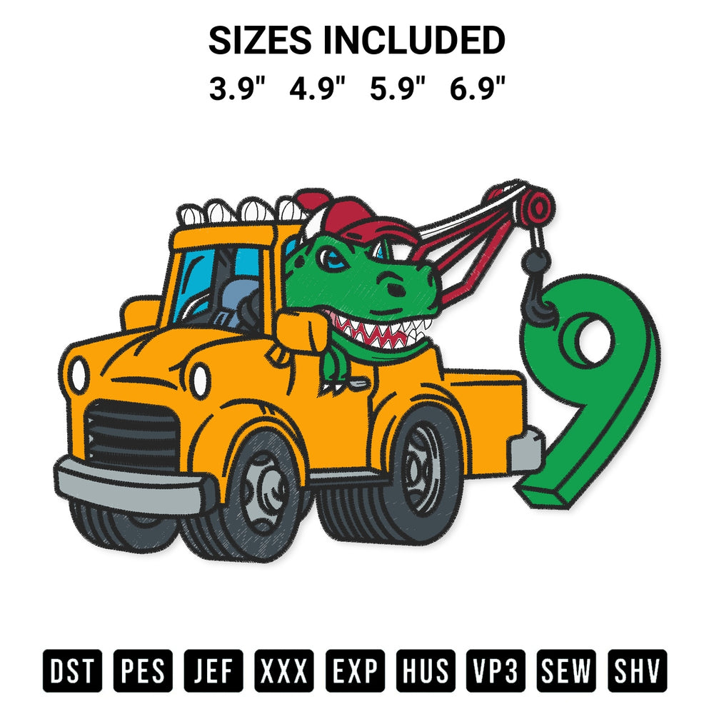 Elevate your next project with our 9Th Birthday Tow Truck Dinosaur Embroidery Design embroidery file. Shop high-quality digital patterns instantly at Designspacks.com. Available sizes: 3.9", 4.9", 5.9", 6.9".