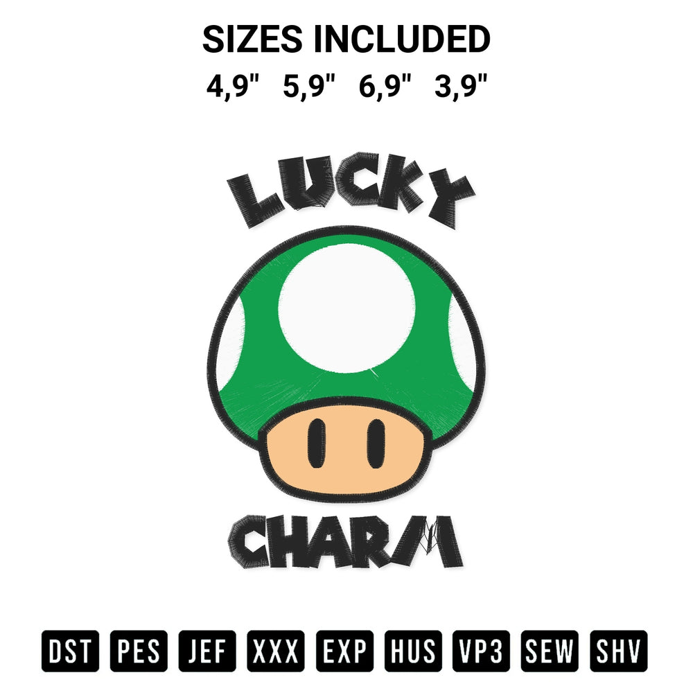 Shop the Super Mario Lucky Charm Logo Embroidery Design machine embroidery pattern at Designspacks.com. Beautifully digitized for flawless stitching on any fabric. Available sizes: 4,9", 5,9", 6,9", 3,9".
