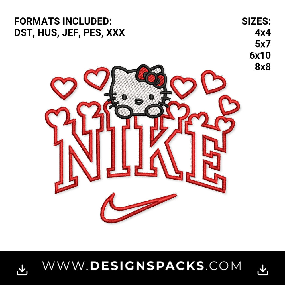 Hello Kitty Nike Swoosh Hearts Embroidery Design - Instant digital download pattern at Designspacks.com