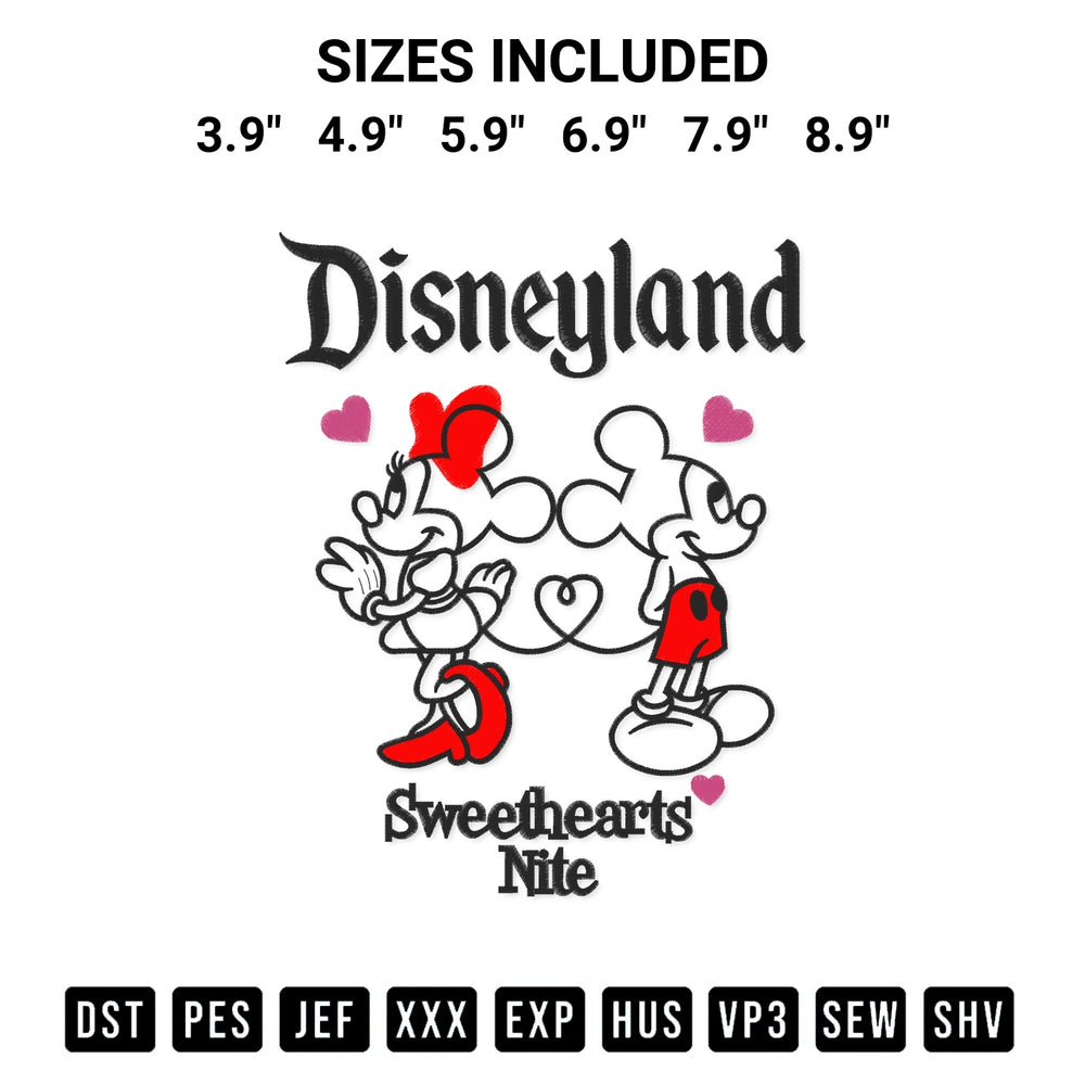 Transform your fabrics with the Disneyland Sweethearts Nite Mickey Minnie Embroidery Design embroidery design. Instant access to premium digitized patterns at Designspacks.com. Available sizes: 3.9", 4.9", 5.9", 6.9", 7.9", 8.9".