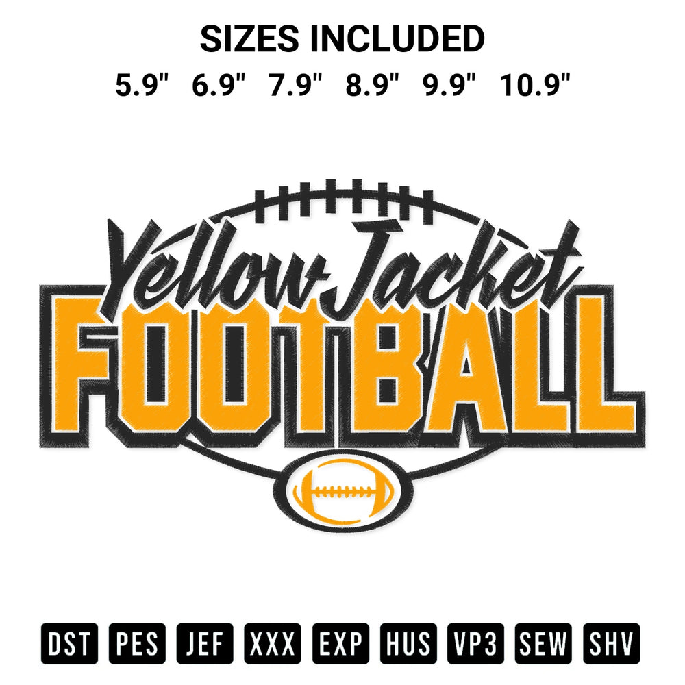 Get the Yellow Jacket Football Embroidery Design embroidery design for your custom crafts! Premium digitized files available for instant download at Designspacks.com. Available sizes: 5.9", 6.9", 7.9", 8.9", 9.9", 10.9".