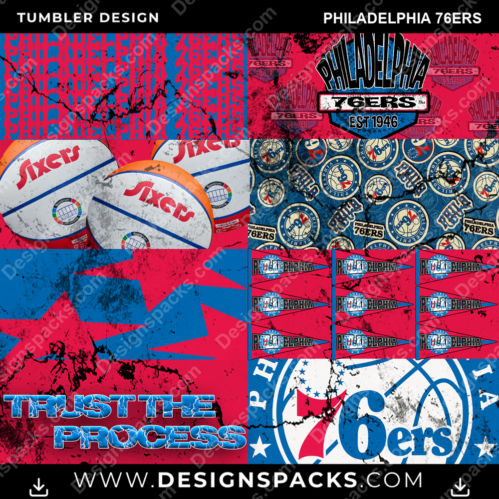 Basketball Distressed BG Philadelphia 76ers NBA Basketball Tumbler Digital Wrap Design Download