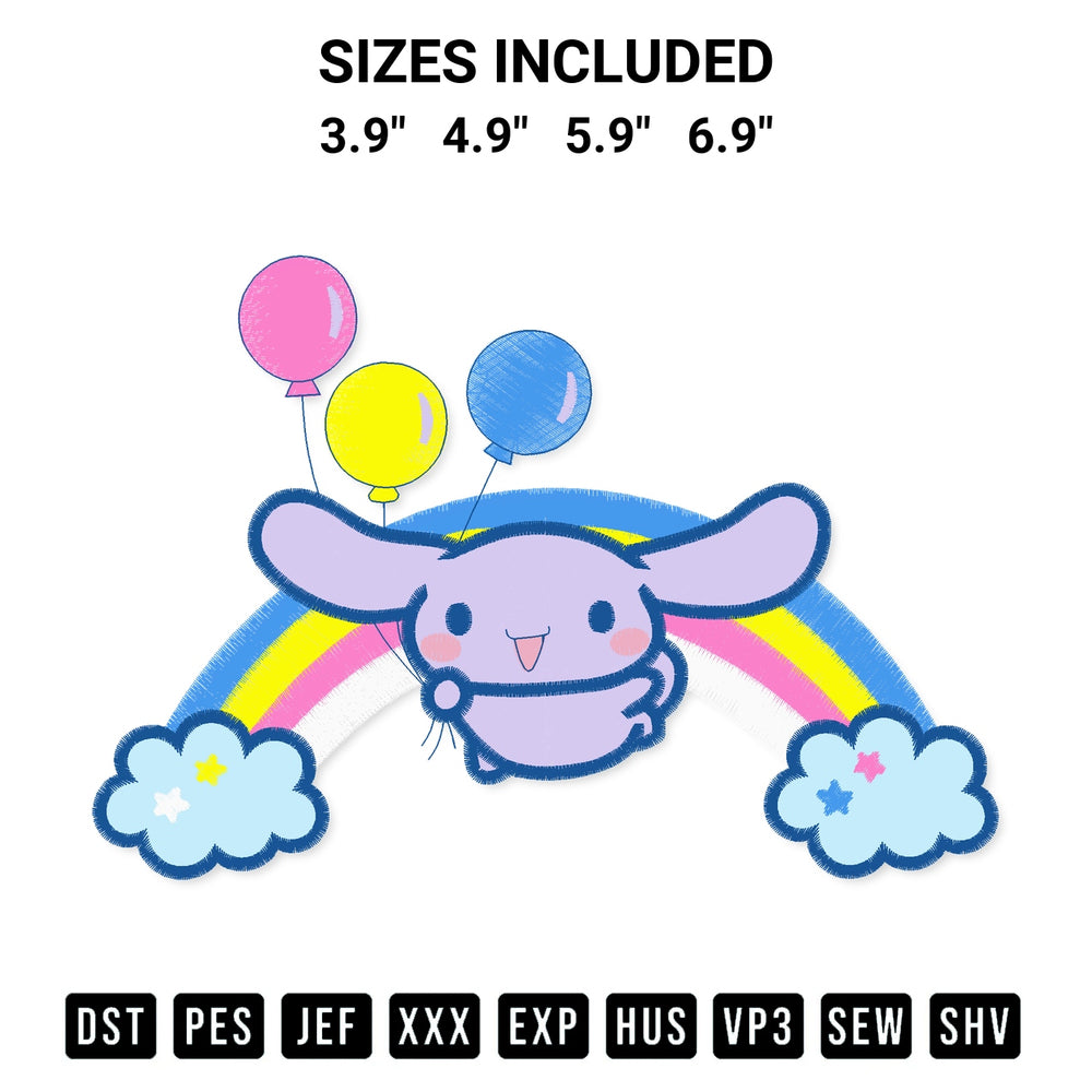 Transform your fabrics with the Cinnamoroll And The Rainbow Embroidery Design embroidery design. Instant access to premium digitized patterns at Designspacks.com. Available sizes: 3.9", 4.9", 5.9", 6.9".