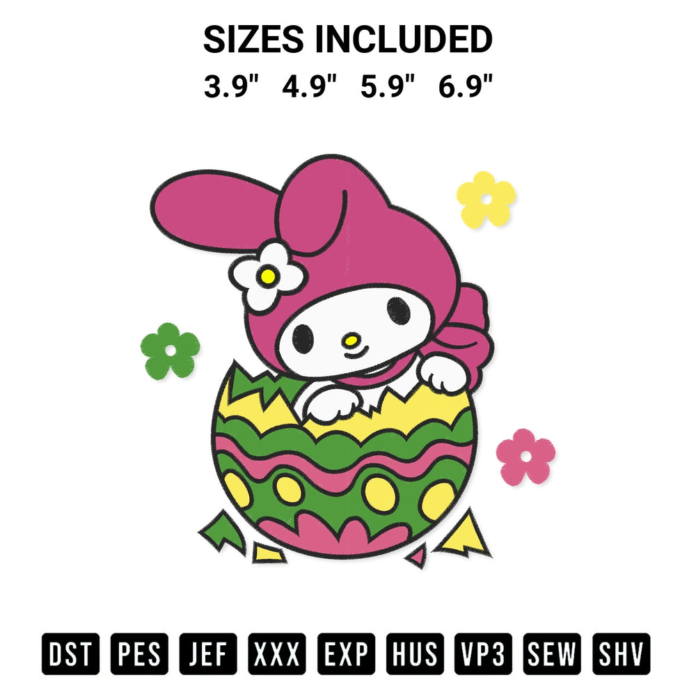 Get the My Melody Easter Embroidery Design embroidery design for your custom crafts! Premium digitized files available for instant download at Designspacks.com. Available sizes: 3.9", 4.9", 5.9", 6.9".
