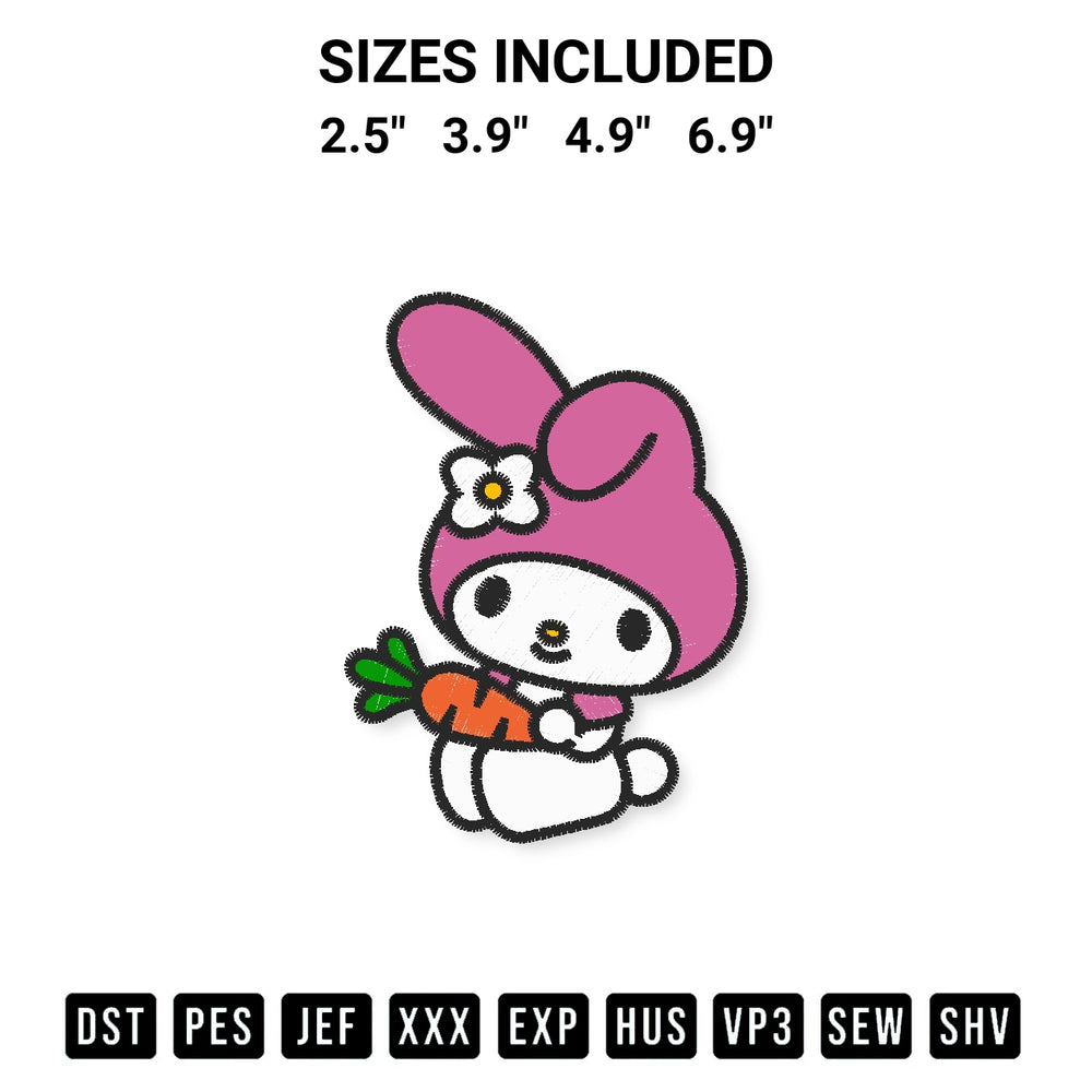 Get the My Melody Carrot Easter Embroidery Design embroidery design for your custom crafts! Premium digitized files available for instant download at Designspacks.com. Available sizes: 2.5", 3.9", 4.9", 6.9".