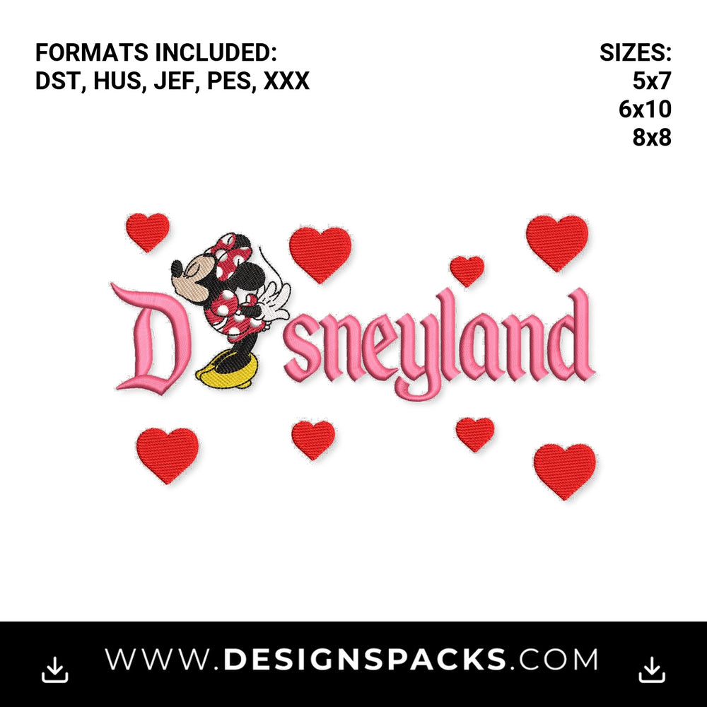 Minnie Mouse Disneyland Red Hearts Embroidery Design - Instant digital download pattern at Designspacks.com