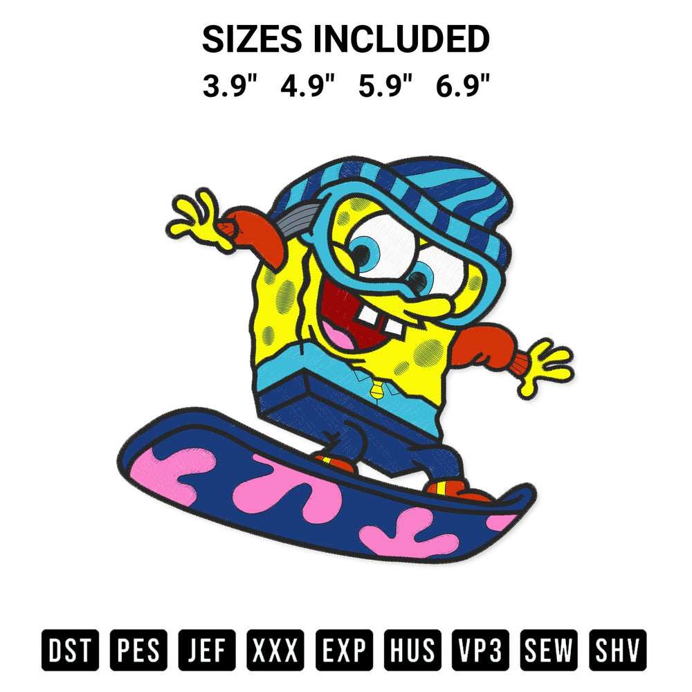 Shop the Spongebob Skiing Funny Embroidery Design machine embroidery pattern at Designspacks.com. Beautifully digitized for flawless stitching on any fabric. Available sizes: 3.9", 4.9", 5.9", 6.9".