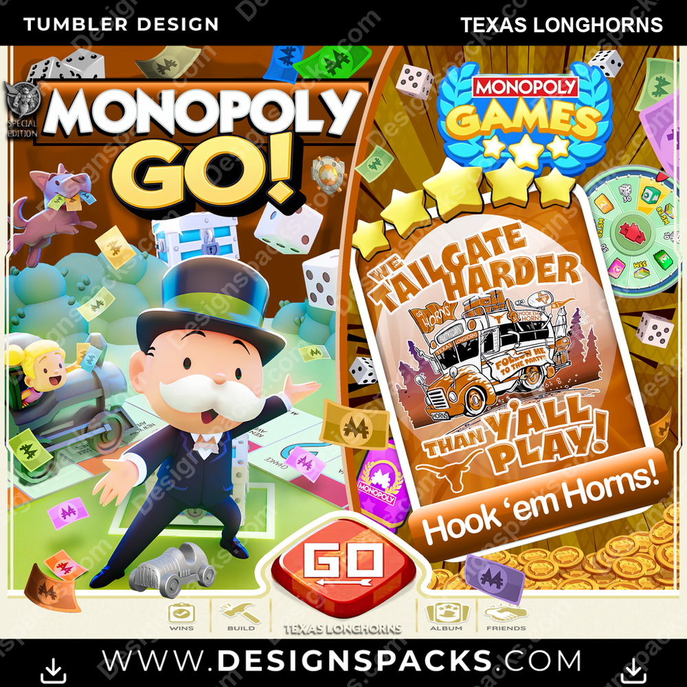 College Sport Monopoly Go! Texas Longhorns NCAA College Sport Tumbler Digital Wrap Design Download