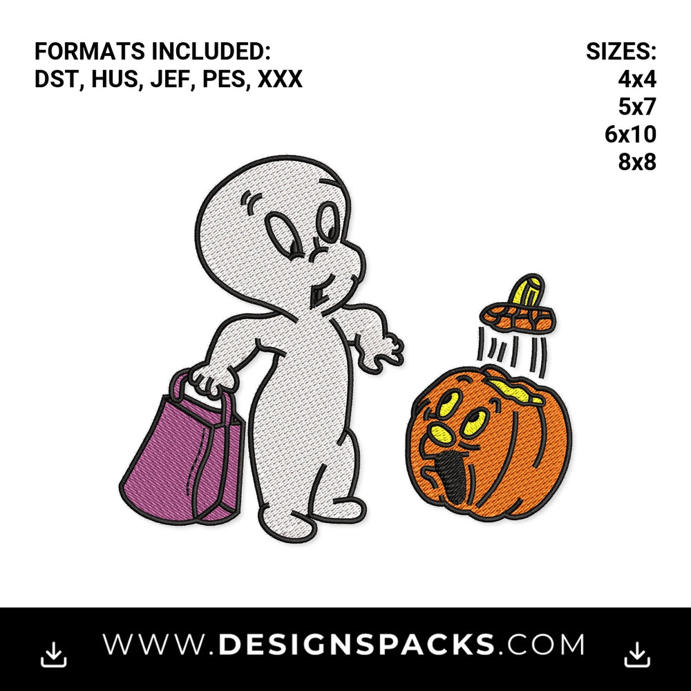 Cute Ghost Trick or Treat Pumpkin Embroidery Design - Instant digital download pattern at Designspacks.com
