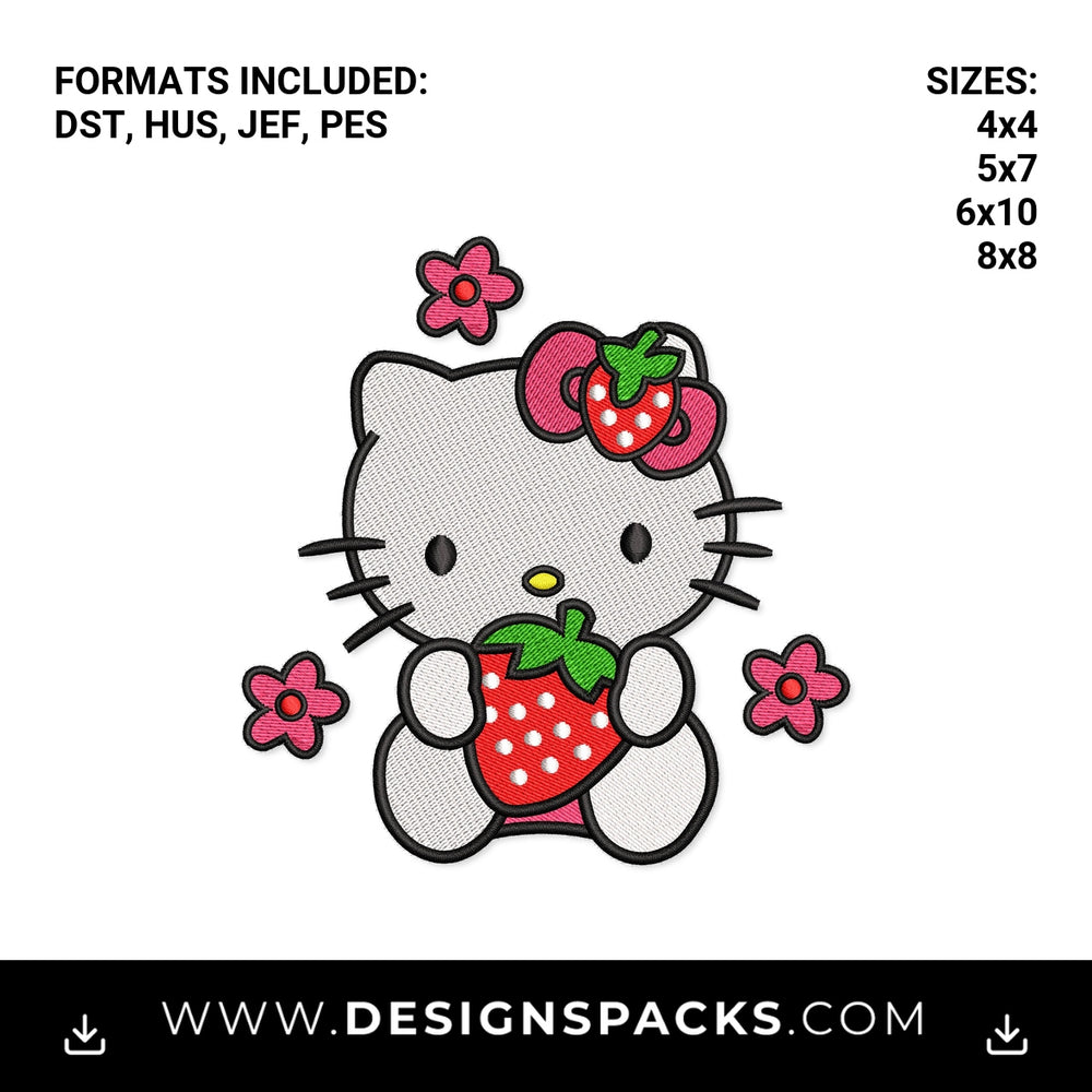 Hello Kitty Holding Strawberry Embroidery Design - Instant digital download pattern at Designspacks.com