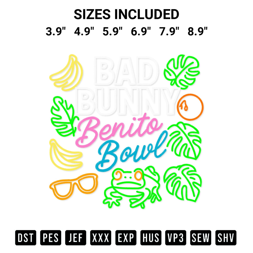 Shop the Bad Bunny Benito Bowl Embroidery Design machine embroidery pattern at Designspacks.com. Beautifully digitized for flawless stitching on any fabric. Available sizes: 3.9", 4.9", 5.9", 6.9", 7.9", 8.9".