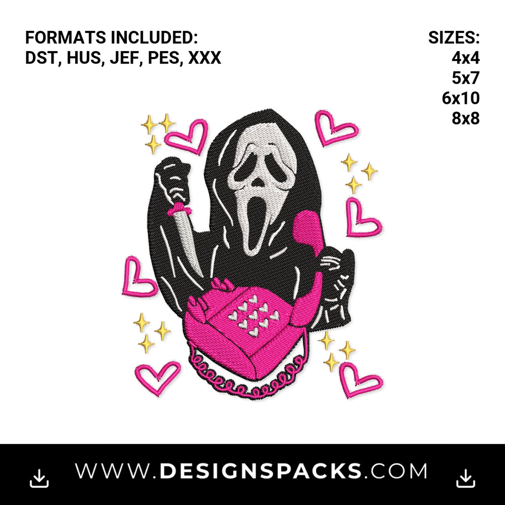 Ghostface with Pink Phone & Hearts Embroidery Design - Instant digital download pattern at Designspacks.com