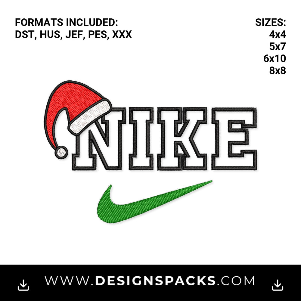 Christmas Nike Swoosh with Santa Hat Embroidery Design - Instant digital download pattern at Designspacks.com