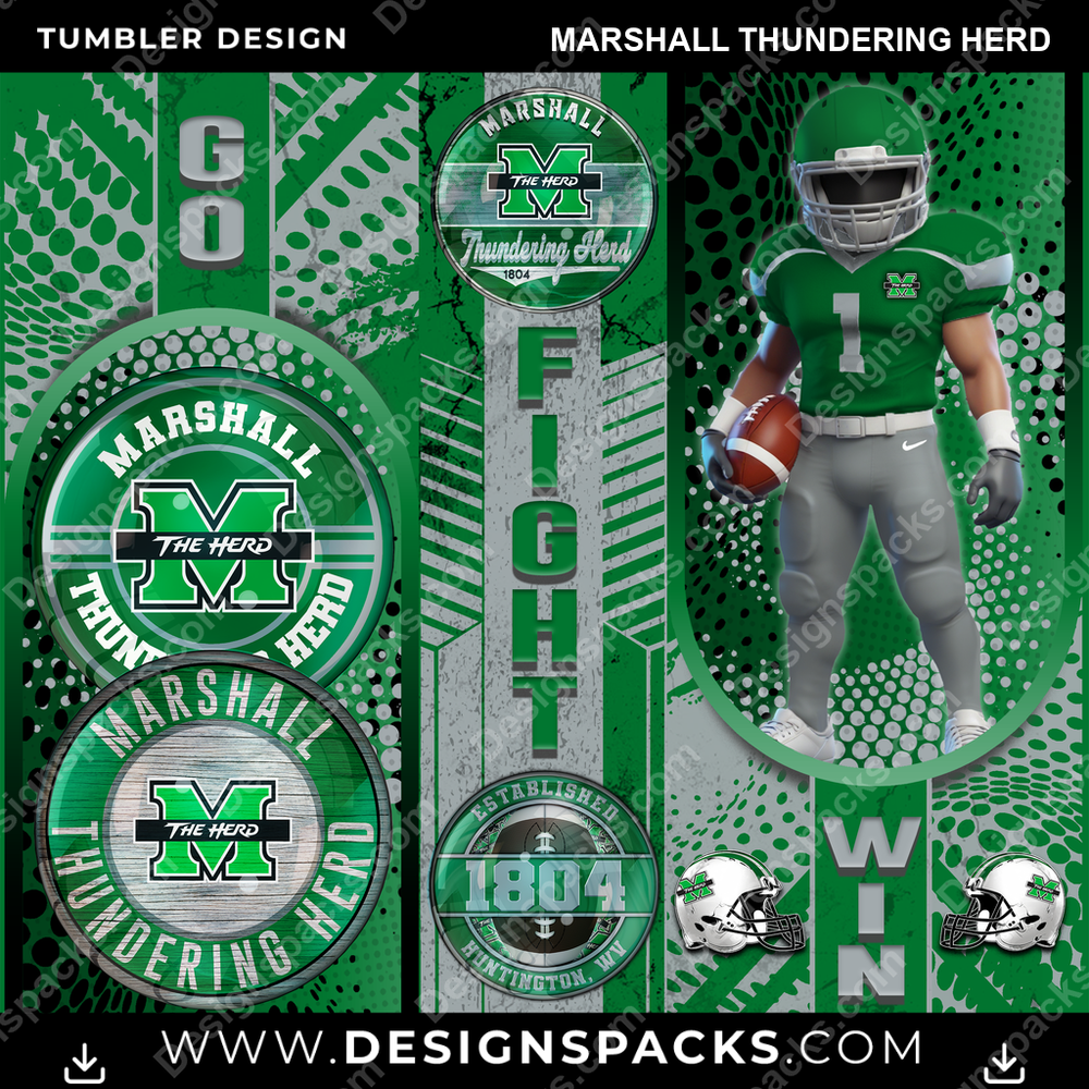 College Sport Go Fight Win Marshall Thundering Herd Tumbler Digital Wrap Design