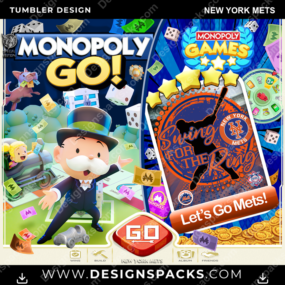 Baseball Monopoly Go! New York Mets Tumbler Digital Wrap Design