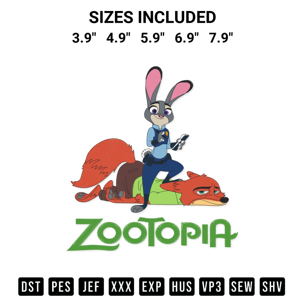 Shop the Nick Wilde And Judy Hopps Embroidery Design machine embroidery pattern at Designspacks.com. Beautifully digitized for flawless stitching on any fabric. Available sizes: 3.9", 4.9", 5.9", 6.9", 7.9".