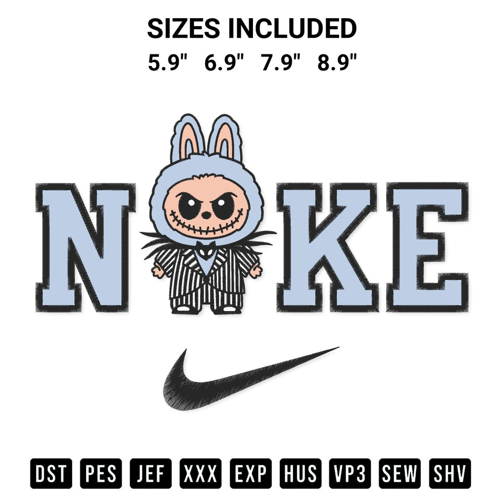 Create amazing crafts with the Nike Jack Skellington Labubu Embroidery Design embroidery file. High-quality digital download from Designspacks.com, perfect for beginners and pros. Available sizes: 5.9", 6.9", 7.9", 8.9".