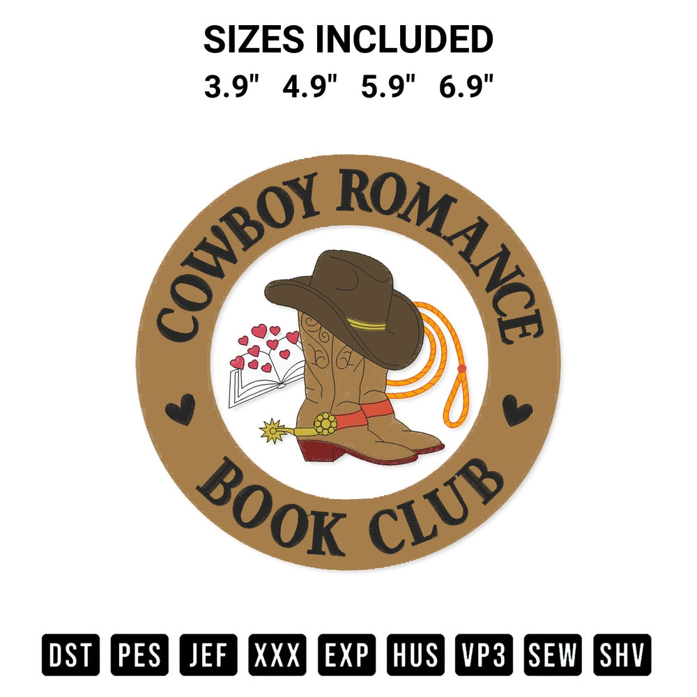 Shop the Cowboy Romance Book Club Embroidery Design machine embroidery pattern at Designspacks.com. Beautifully digitized for flawless stitching on any fabric. Available sizes: 3.9", 4.9", 5.9", 6.9".