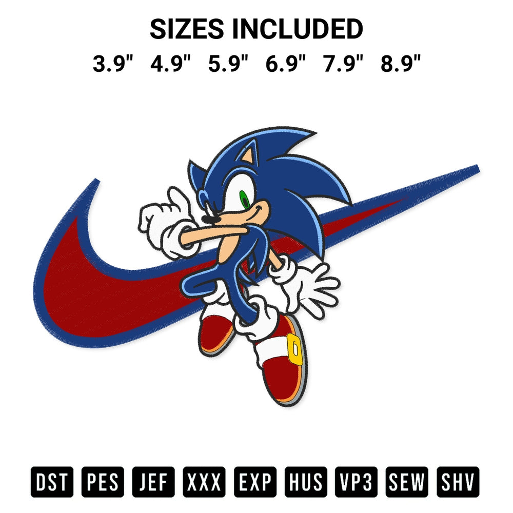 Get the Swoosh Sonic Embroidery Design embroidery design for your custom crafts! Premium digitized files available for instant download at Designspacks.com. Available sizes: 3.9", 4.9", 5.9", 6.9", 7.9", 8.9".
