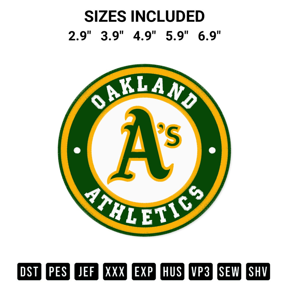 Discover the perfect addition to your crafting collection: Oakland Athletics Circle Logo Embroidery Design embroidery file. Instantly available at Designspacks.com. Available sizes: 2.9", 3.9", 4.9", 5.9", 6.9".