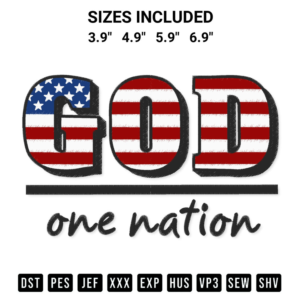 Shop the Patriotic One Nation Under God Embroidery Design machine embroidery pattern at Designspacks.com. Beautifully digitized for flawless stitching on any fabric. Available sizes: 3.9", 4.9", 5.9", 6.9".
