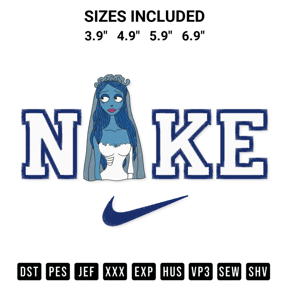 Add a unique touch to your apparel with the Nike Corpse Bride Emily Embroidery Design embroidery file. Premium instant download available now on Designspacks.com. Available sizes: 3.9", 4.9", 5.9", 6.9".