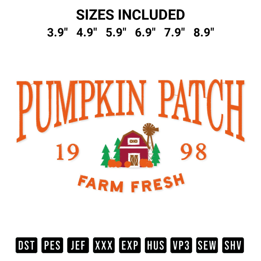 Download the Pumpkin Patch 1998 Farm Fresh Embroidery Design machine embroidery design exclusively at Designspacks.com. Premium digitized pattern for apparel and DIY crafts. Available sizes: 3.9", 4.9", 5.9", 6.9", 7.9", 8.9".