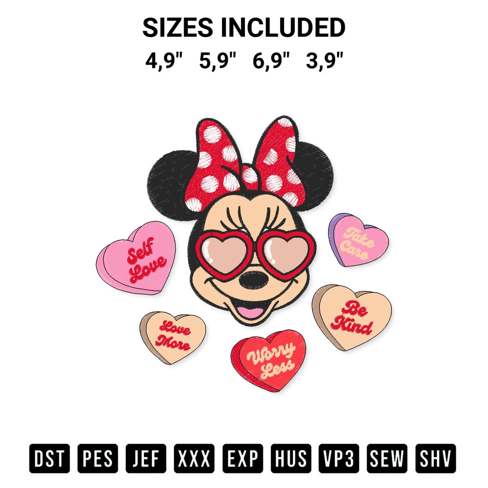 Discover the perfect addition to your crafting collection: Minnie Magical Valentine Hearts Disney Happy Valentines Day Embroidery Design embroidery file. Instantly available at Designspacks.com. Available sizes: 4,9", 5,9", 6,9", 3,9".