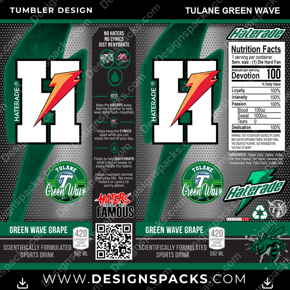 College Sport Haterade Tulane Green Wave NCAA College Sport Tumbler Digital Wrap Design Download