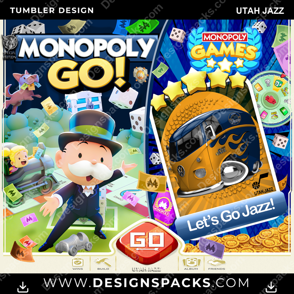 Basketball Monopoly Go! Utah Jazz Tumbler Digital Wrap Design