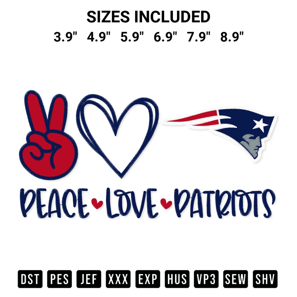 Discover the perfect addition to your crafting collection: Peace Love New England Patriots Embroidery Design embroidery file. Instantly available at Designspacks.com. Available sizes: 3.9", 4.9", 5.9", 6.9", 7.9", 8.9".