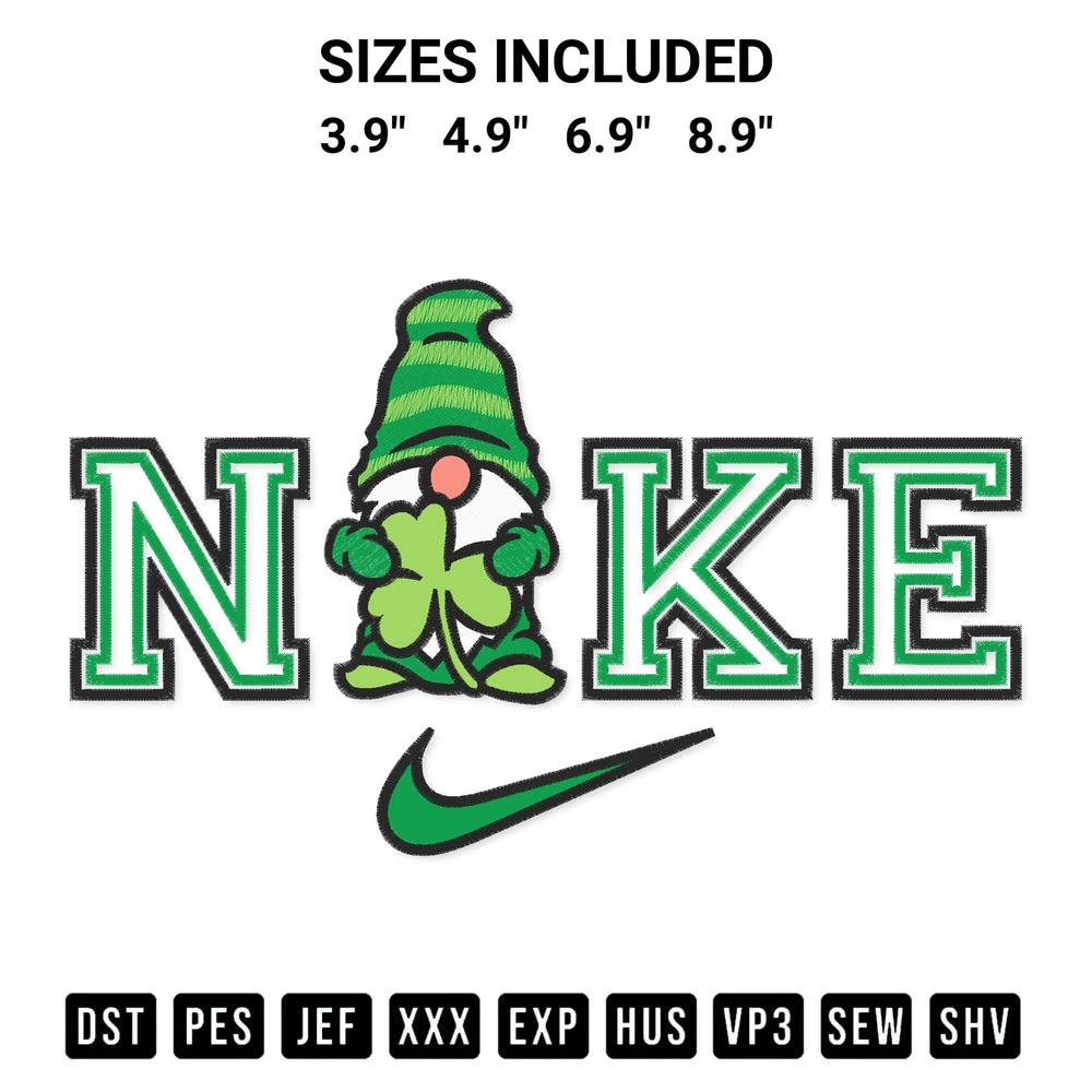 Shop the Nike Gnome Shamrock Embroidery Design machine embroidery pattern at Designspacks.com. Beautifully digitized for flawless stitching on any fabric. Available sizes: 3.9", 4.9", 6.9", 8.9".