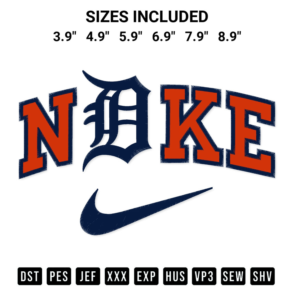 Shop the Detroit Tigers X Nike Embroidery Design machine embroidery pattern at Designspacks.com. Beautifully digitized for flawless stitching on any fabric. Available sizes: 3.9", 4.9", 5.9", 6.9", 7.9", 8.9".