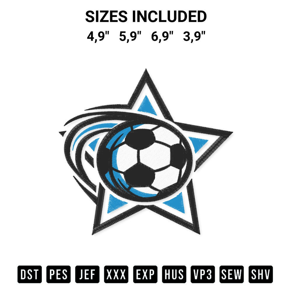 Shop the Football Soccer Swoosh Star Logo Embroidery Design machine embroidery pattern at Designspacks.com. Beautifully digitized for flawless stitching on any fabric. Available sizes: 4,9", 5,9", 6,9", 3,9".