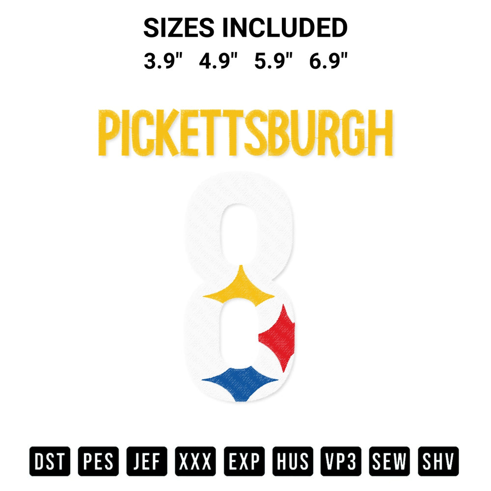 Get the Pickettsburgh Diamond 8 Embroidery Design embroidery design for your custom crafts! Premium digitized files available for instant download at Designspacks.com. Available sizes: 3.9", 4.9", 5.9", 6.9".