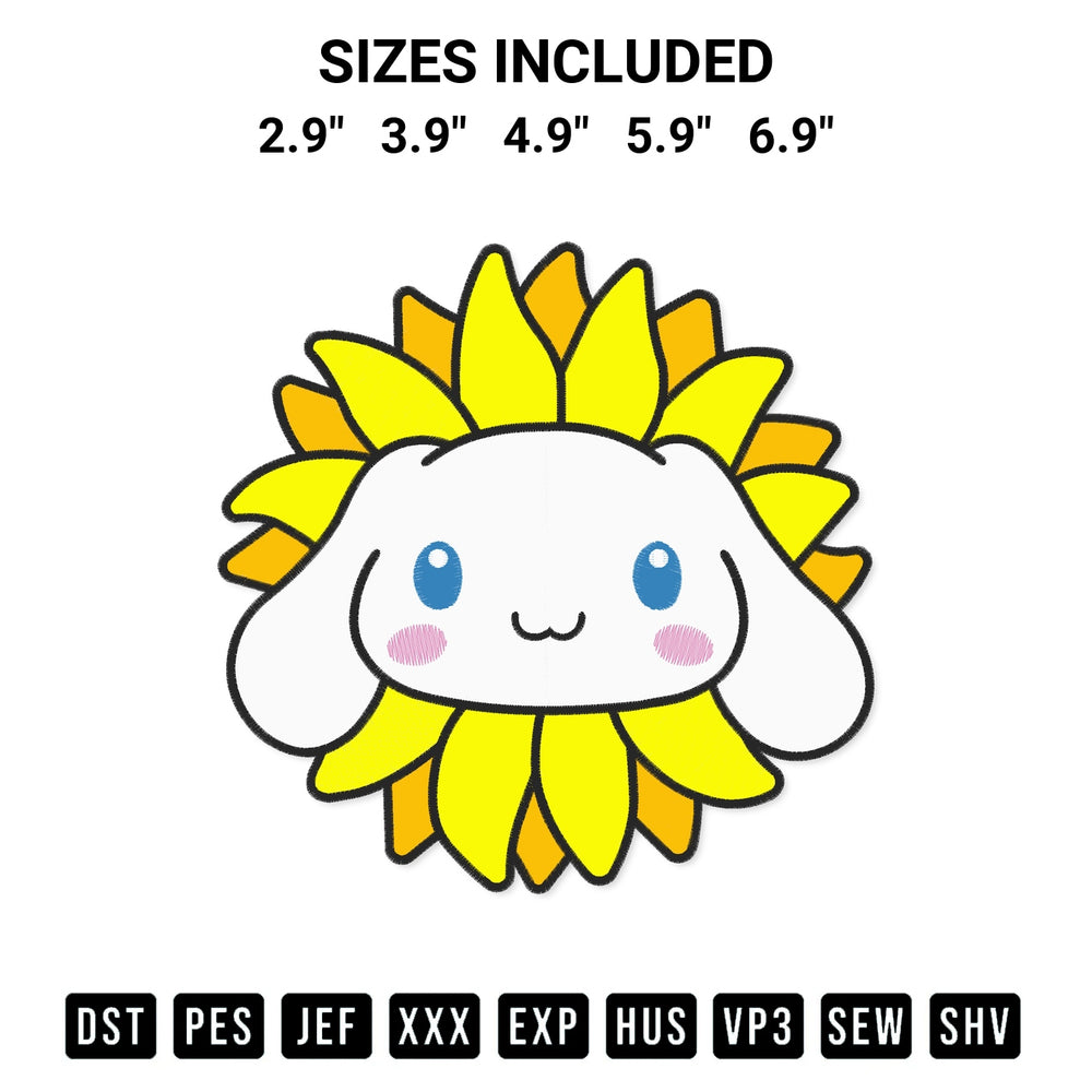 Shop the Cinnamoroll Sunflower Embroidery Design machine embroidery pattern at Designspacks.com. Beautifully digitized for flawless stitching on any fabric. Available sizes: 2.9", 3.9", 4.9", 5.9", 6.9".
