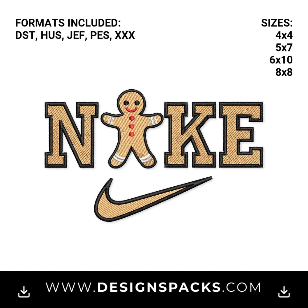 Christmas Gingerbread Man Nike Swoosh Embroidery Design - Instant digital download pattern at Designspacks.com