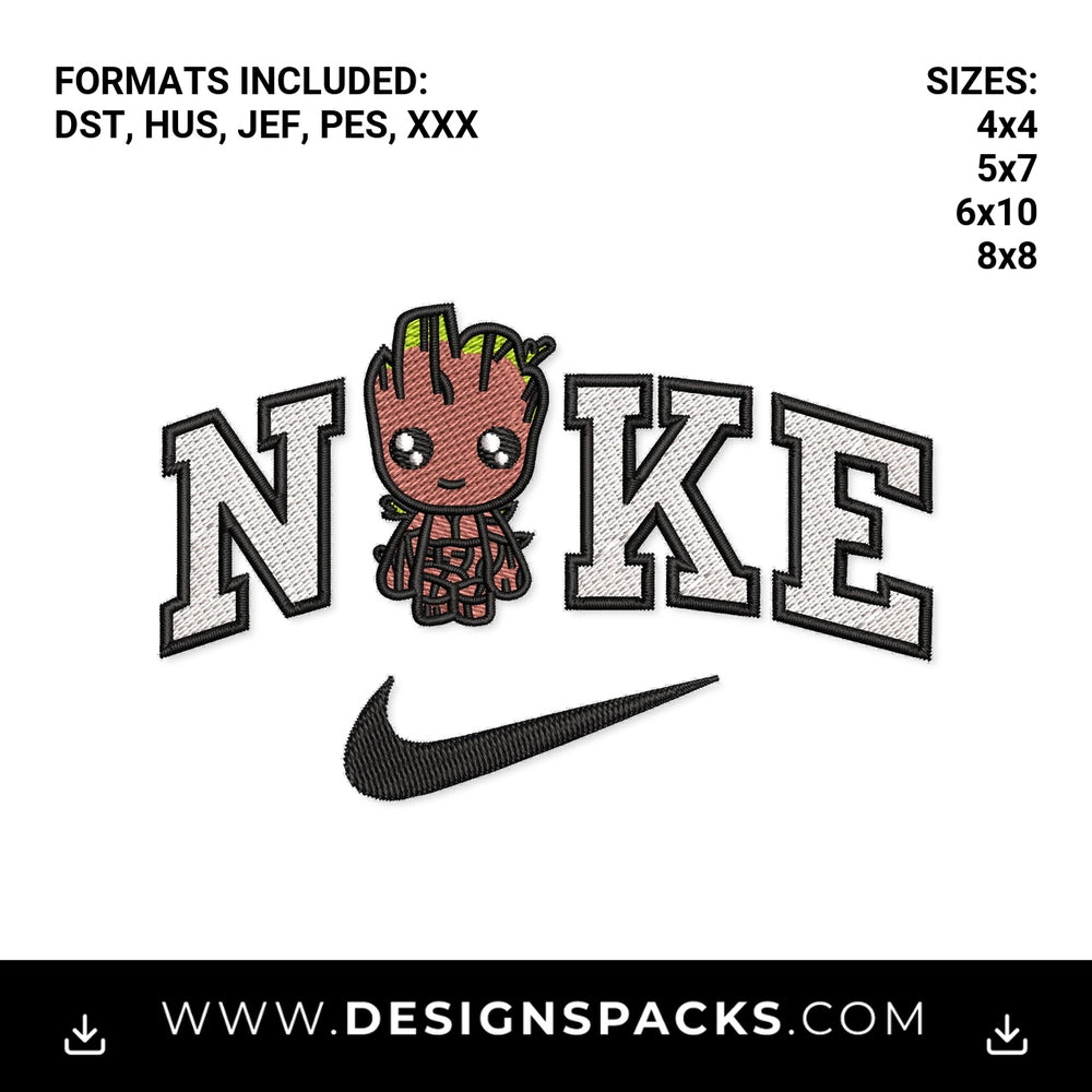 Baby Groot Nike Swoosh Logo File Embroidery Design - Instant digital download pattern at Designspacks.com